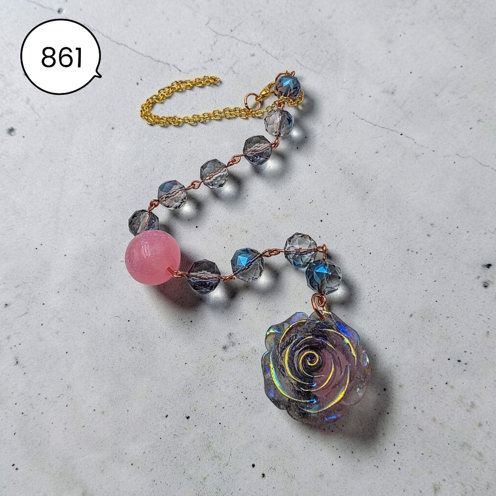 Pink & Purple Rose Car Charm – Iridescent Floral Hanging Car Decor Gift